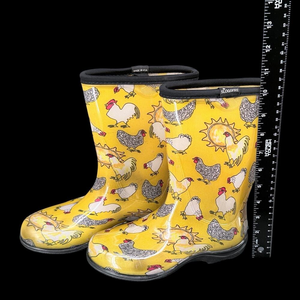 Sloggers Waterproof Rain Garden Boots Women's Sz 6 Yellow Chicken Rooster Print